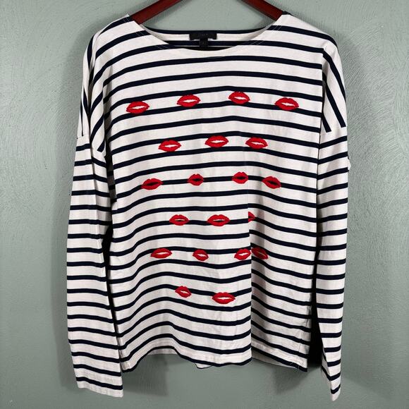 J. Crew Women's Large Stripe Embroidered Lips Kiss Long Sleeve Tunic Top Shirt - Picture 9 of 10